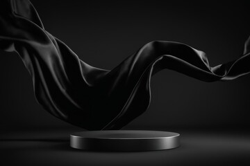 Naklejka premium Black silk fabric drapes over a circular podium