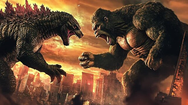 A dramatic showdown between two iconic giant monsters amidst a fiery cityscape.