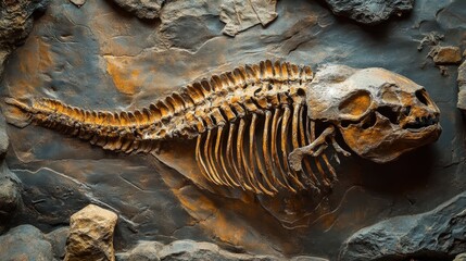 Detailed fossil exhibition of an ancient fish highlighting its skeletal structure against a dark rocky background.
