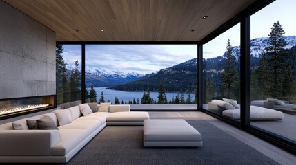 Obraz premium Modern living room with scenic lake view mountain retreat interior design cozy atmosphere contemporary style