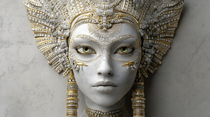 Luxury Fashion Design of a Sphinx Face Adorned with Cartier Jewelry Accents in Radiating Gold and White Diamonds
