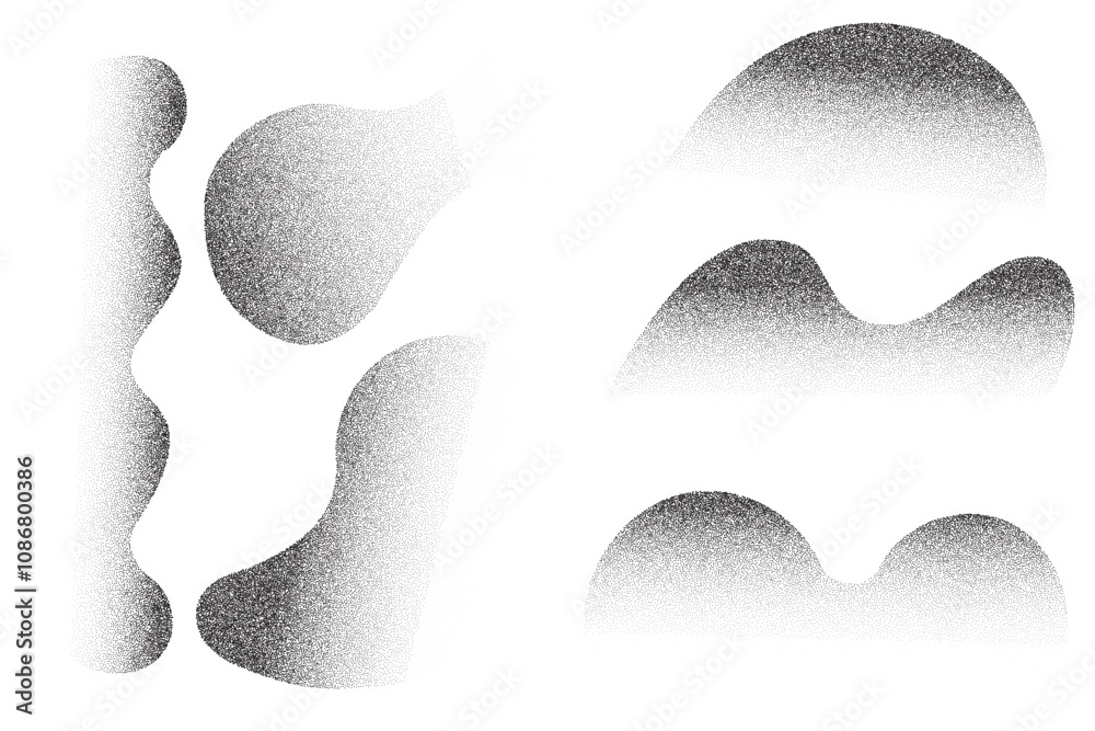 Poster dotted noisy gradient shapes. grainy abstract spray paint wavy shadow on white background. vector gr