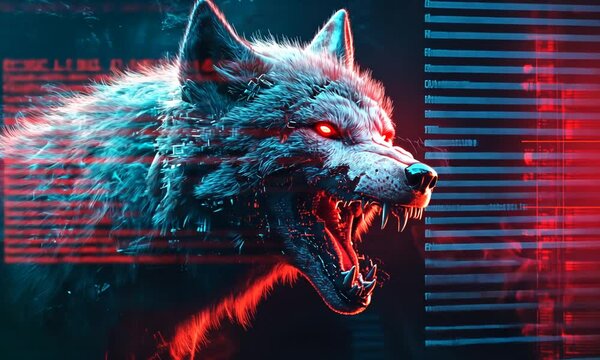 Cybernetic Wolf: A digital rendering of a snarling wolf overlaid with binary code and vibrant red and teal hues.