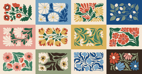 Abstract flowers. Organic doodle shapes, trendy matisse art style, floral contemporary elements, botanical decorations, horizontal background, banner design, vintage tidy vector set