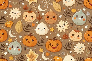 Cute Vintage Characters in Autumn Theme Featuring Pumpkins, Ghosts, Spiders, Bats, Webs, Moons, and Stars Ideal for Textile, Wallpaper, or Print Design