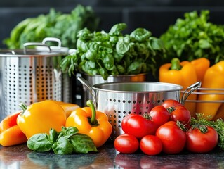 Organized Minimalist Kitchen Countertop Fresh Vegetables Ready for Preparation A clean, organized countertop in a minimalist kitchen setting showcases fresh produce, perfectly arranged for meal