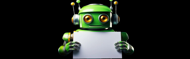 Green retro vintage classic robot with antennas, metallic tin machine, childhood technology 70s 80s holding an empty white sign or placard isolated on a black background with copy space. Generative Ai