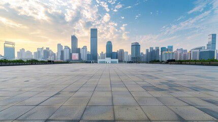 Empty square floor with city skyline background, Youth Empowerment Center construction, morning