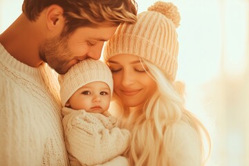 Warm family portrait in cozy winter clothing