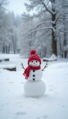Obraz premium Snowman in red hat and scarf on snowy ground in a park with snow-covered trees in the background