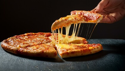 ピザからチーズが伸びるダイナミックな瞬間、熱々のピザの美味しさを際立たせる写真