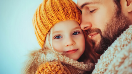 Father and daughter embracing in cozy winter clothes, showing warmth and love.