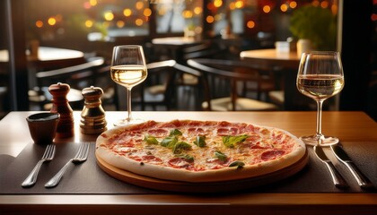テーブル上のシンプルなピザ、背景にワインとカトラリーが映えるシックなカフェ風景
