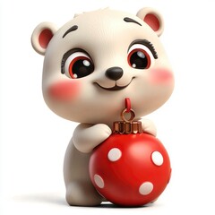 Naklejka premium Adorable 3D Render of a Polar Bear Cub Holding a Christmas Ornament