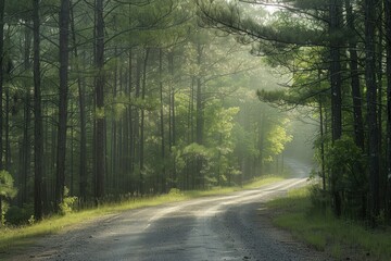 Obraz premium Serene Forest Road Surrounded by Lush Greenery and Soft Morning Light, Inviting Exploration and Tranquility in Nature's Embrace