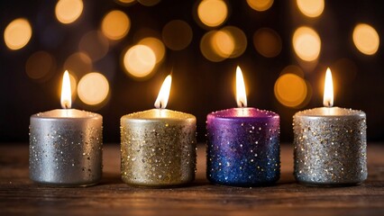 Four lit candles on a wooden table, blurred background with bokeh