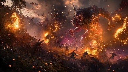 Fototapeta premium Dramatic Fantasy Battle Scene with Fiery Explosions and Mythical Creatures