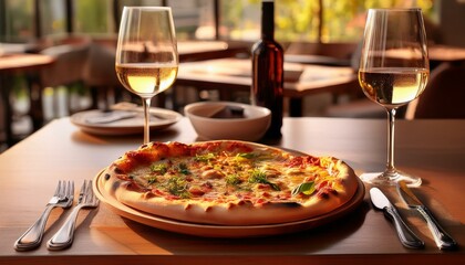 シンプルなピザが置かれたテーブル、ワインとカトラリーが作り出すカフェ風の洗練された風景
