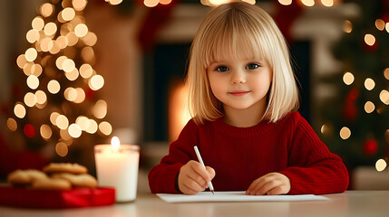 A child writing a letter to Santa by candlelight, with a cozy fireplace, a glowing Christmas tree in the background, and cookies and milk