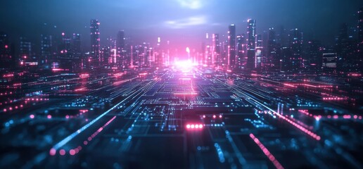 Obraz premium Futuristic Cityscape at Night with Neon Lights and Digital Connections Depicting Technology, Innovation, and Urban Energy in a Vibrant Landscape