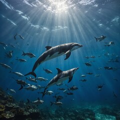 Naklejka premium A dolphin in the midst of an underwater dance with a graceful manta ray.