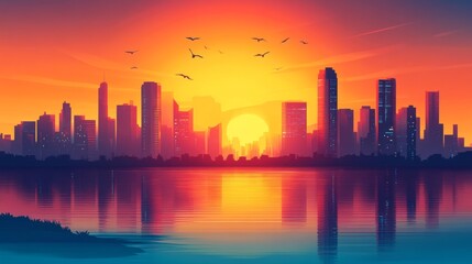 Fototapeta premium Sunset Cityscape Reflection