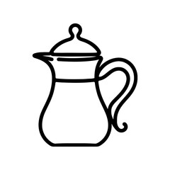 Linear coffee pot icon. Black and white image of a hand-drawn traditional arabic dallah coffee pot. Vector illustration