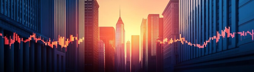 Obraz premium A stunning urban skyline at sunset with stock market data overlay symbolizing finance.