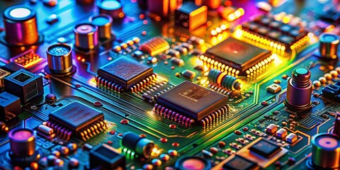 Detailed Macro Photography of an Electronic Circuit Board with Micro Components Showcasing Intricate Connections and Technology in Action for Stock Photo Use
