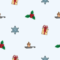 Vector seamless pattern with snowflake, gift, mistletoe and candle. New Year and Christmas background for design, decoration, wrapping paper, print
