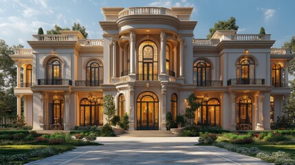 A luxury estate with a grand entrance, large front garden, and intricate architectural details.