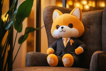 Adorable plush fox toy wearing a suit and tie, sitting comfortably on a brown armchair, creating a whimsical and charming scene