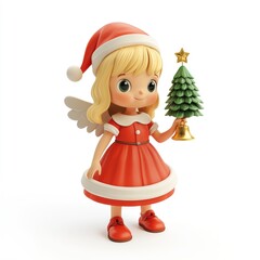 Fototapeta premium Adorable 3D Render of a Christmas Angel Girl Holding a Miniature Christmas Tree
