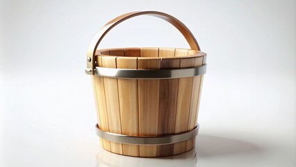 3D Wooden Bucket with Handle on White Isolated Background, Perfect for Creative Projects, Illustrations, and Product Displays Featuring Copy Space for Text or Graphics