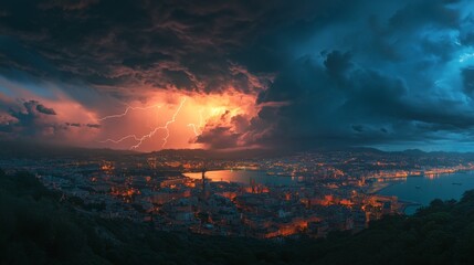 Naklejka premium A powerful lightning strike illuminating the night sky over an urban landscape, symbolizing nature's raw power and beauty.