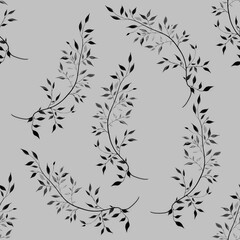 Branches with Big Leaves on Gray Background Seamless Pattern Design