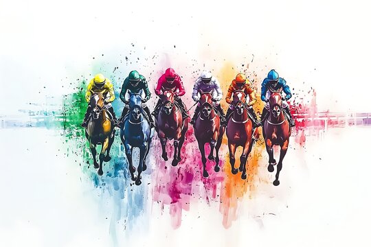 Colorful Horses in a Race Artistic Watercolor Illustration of Equestrian Sport.  A vibrant and dynamic image depicting six jockeys on horseback during a thrilling race, rendered in a watercolor style.