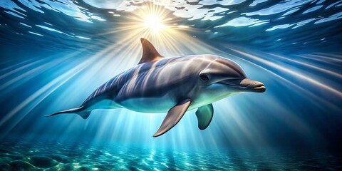 Naklejka premium Dolphin Swimming Gracefully in the Deep Blue Sea, Capturing the Beauty of Marine Life and Underwater Serenity with Vibrant Colors and Playful Movement