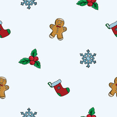 Vector seamless pattern with snowflake, mistletoe and gingerbread man. New Year and Christmas background for design, decoration, wrapping paper, print