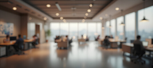 Obraz premium Blurred empty open space office. Abstract light bokeh at office interior background for design