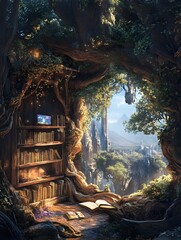Obraz premium Enchanting Fantasy Book Featuring a Magical Forest Library Pathway