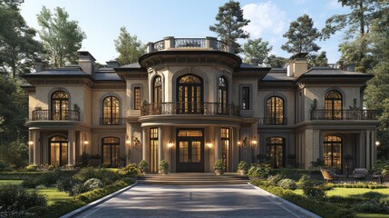 Obraz premium A 3D luxury home with a private driveway, large front yard, and intricate architectural details