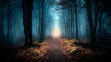 Mysterious Misty Forest Pathway with Enchanting Moody Lighting and Atmosphere