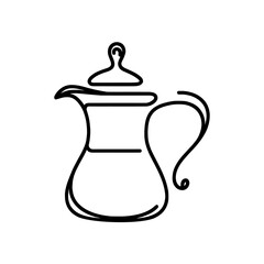 Linear coffee pot icon. Black and white image of a hand-drawn traditional arabic dallah coffee pot. Vector illustration