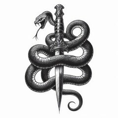 Obraz premium Snake Coiled Around Dagger, hand sketch engraving.