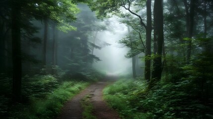 Obraz premium Atmospheric Forest Pathway Shrouded in Mysterious Fog and Moody Lighting