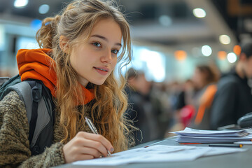 A group of students enrolling at a university registration desk, filling out forms and talking to staff, capturing the vibrant atmosphere of campus life.

