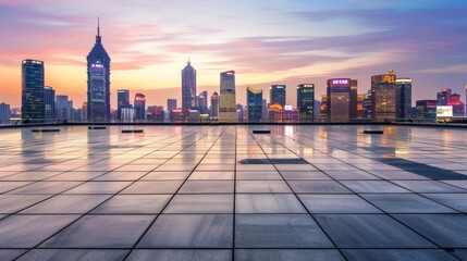 Obraz premium Empty square floor with city skyline background, Urban Art Installation project, dusk