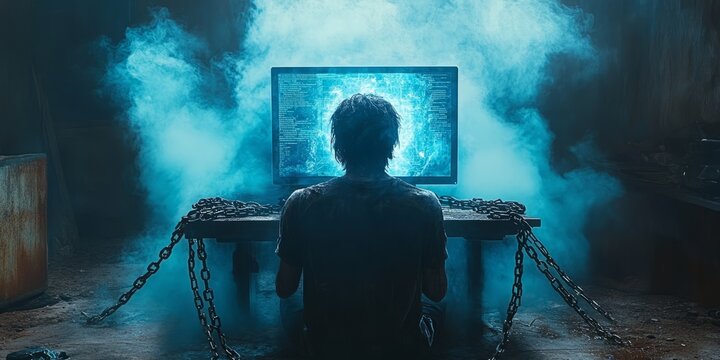 A solitary figure sits before a luminous screen, immersed in coding or gaming, surrounded by a haunting atmosphere of smoke and chains