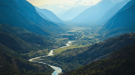 Beautiful photo of a valley with a river flowing through it, a view from above. 